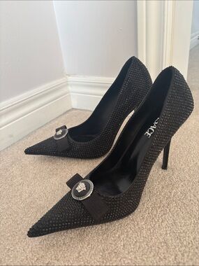 Versace Black Crystal-Embellished Pointed Toe Stiletto Pumps